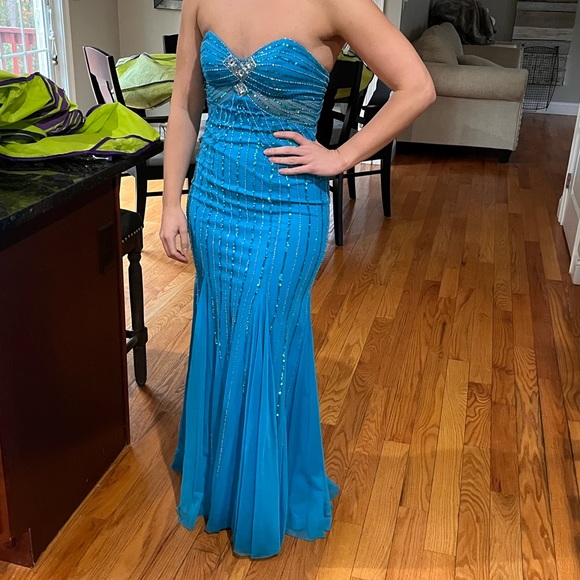 Robe De Soirée Sean Collection - Taille 0, Aqua, Bustier Brodé, Longueur Sol, Strapless
